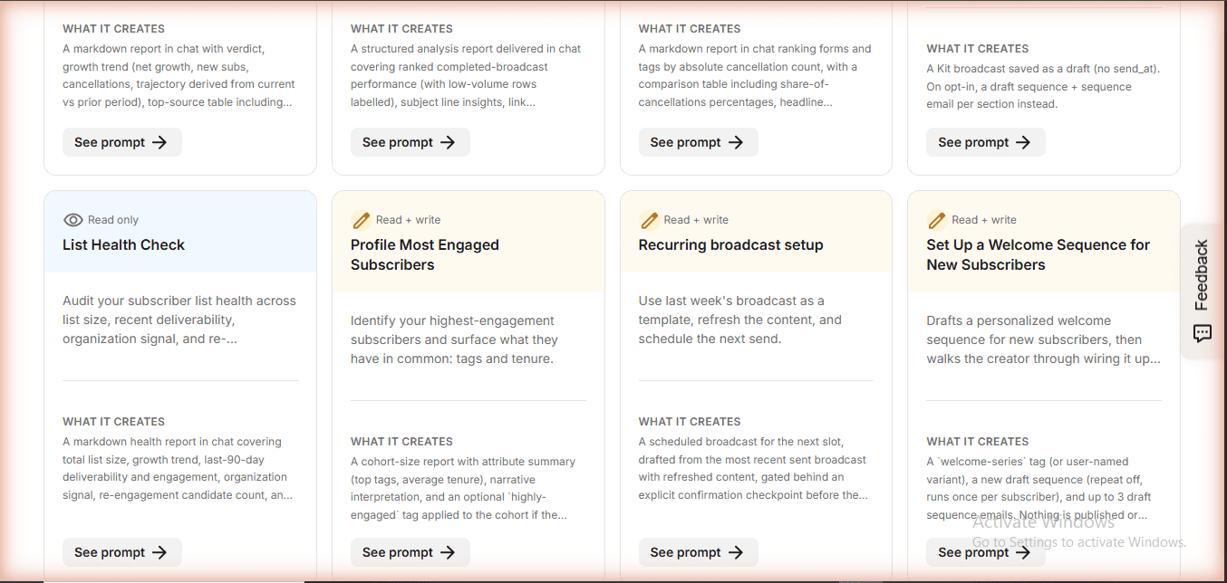 Kit MCP โ Row 2 of 9 prompt templates: List Health Check, Profile Most Engaged Subscribers, Recurring broadcast setup, Set Up a Welcome Sequence. Verified June 20, 2026 on app.kit.com/kit-mcp.