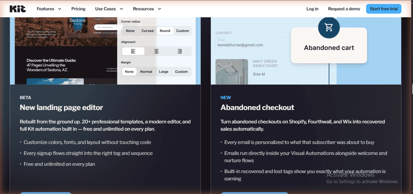 Kit Craft & Commerce 2026 โ BETA: New landing page editor (free on every plan, 20+ templates) and NEW: Abandoned checkout for Shopify, Fourthwall, Wix. Verified June 20, 2026 on kit.com/2026-release.