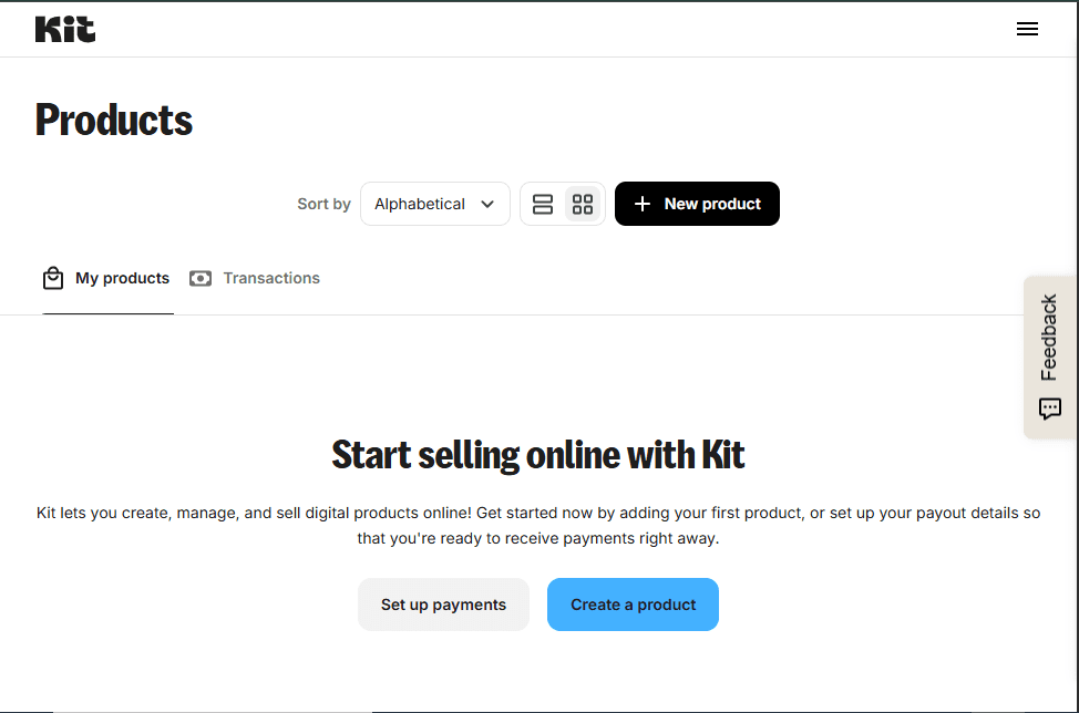 Kit.com Products page showing Start selling online with Kit — Create a product and Set up payments available on free plan — no upgrade required — June 2026