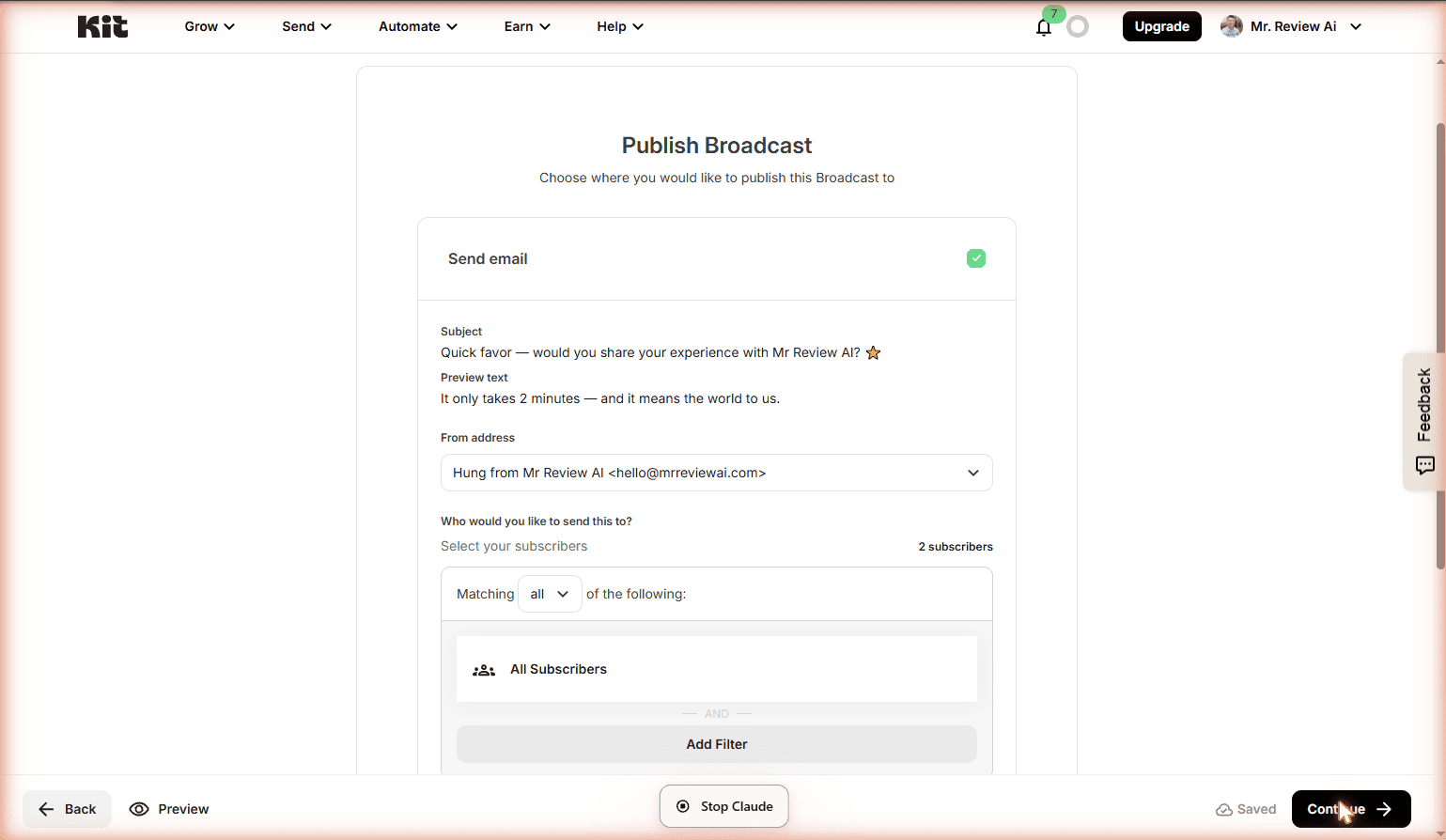 Kit Publish Broadcast screen showing the review invitation email setup with subject line, preview text, from address, and 2 subscribers