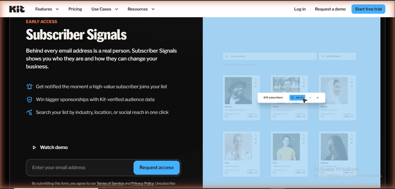 Kit Subscriber Signals โ EARLY ACCESS feature showing subscriber profiles with Social Reach data and Request access button. Pro plan required. Verified June 20, 2026 on kit.com/2026-release.