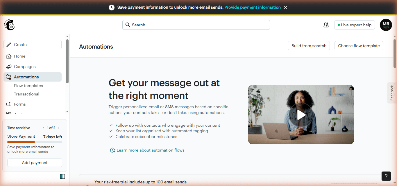 Mailchimp Automations page (us9.admin.mailchimp.com/customer-journey/) — "Automations" active in sidebar, account on Standard trial with "Store Payment 7 days left." Real Mr Review AI account, tested June 2026.