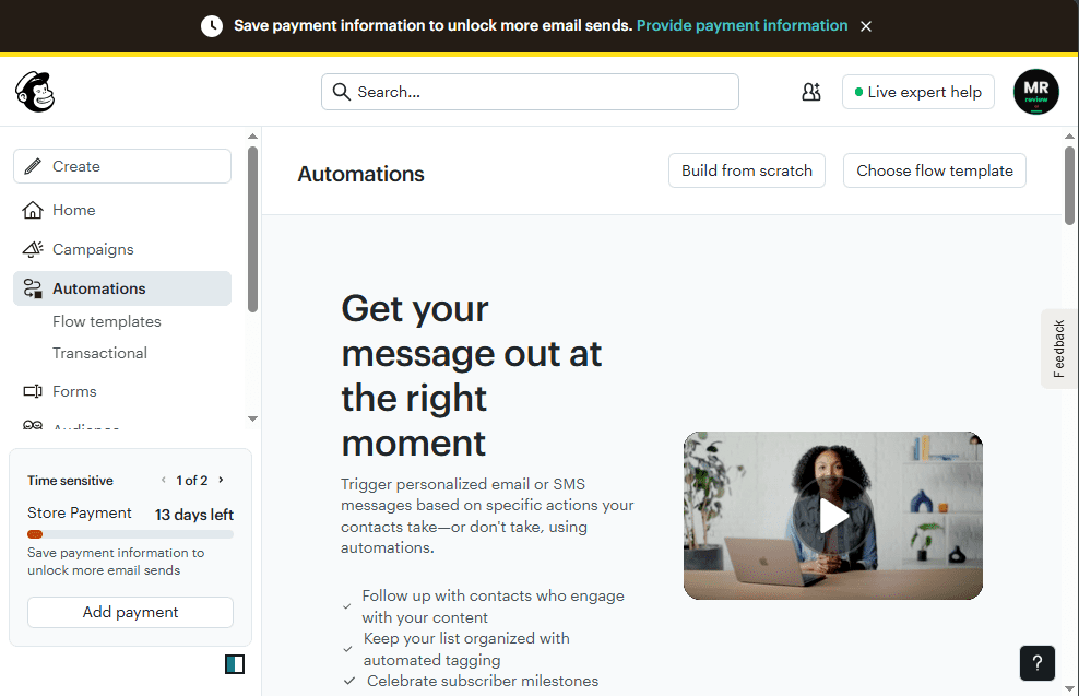 Mailchimp Automations page showing Build from scratch and Choose flow template options with Store Payment 13 days left warning visible