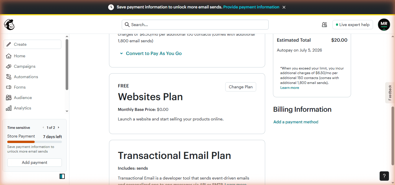 Mailchimp billing dashboard showing Estimated Total $20.00 with Autopay on July 5, 2026 — real Mr Review AI account, Standard trial plan, tested June 2026