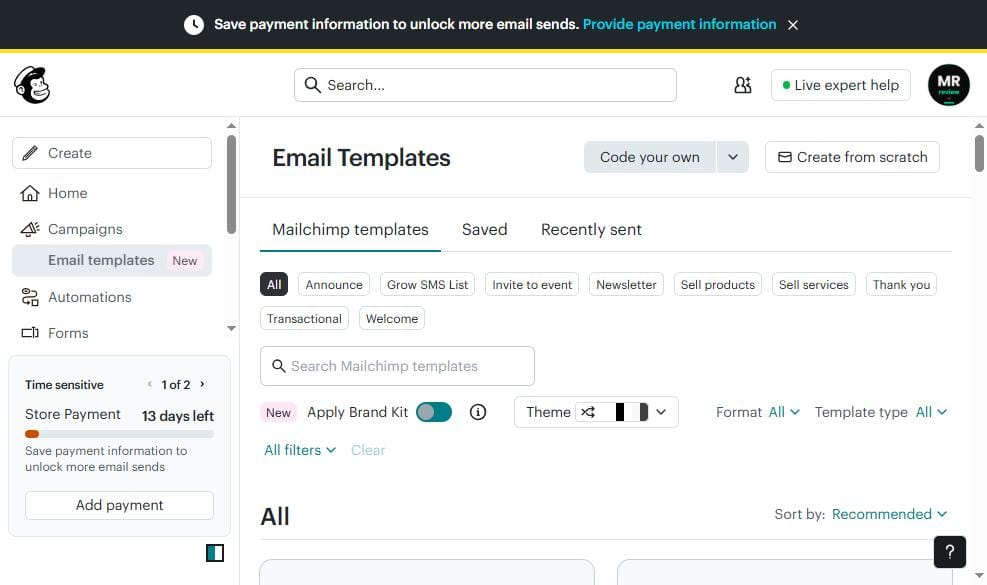 Mailchimp email template library — 316 templates in Standard trial view, most paywalled on free, June 2026