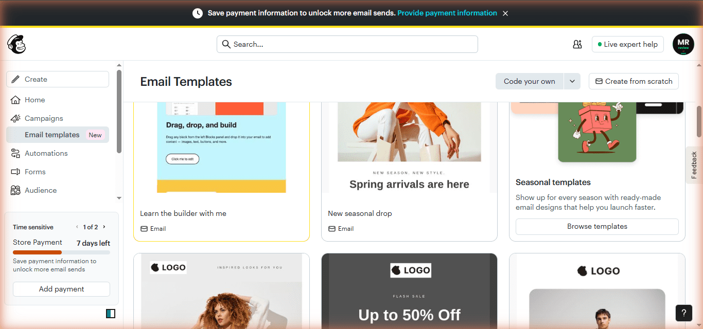 Mailchimp Email Templates page (us9.admin.mailchimp.com/templates/) — templates available on Standard plan, Email templates labeled "New" in sidebar. Real Mr Review AI account, tested June 2026.