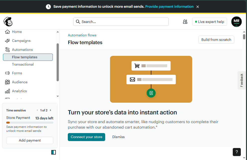 Mailchimp Flow Templates page tháng 6/2026 — trang "Automation flows > Flow templates" hiển thị flow diagram cart → email → action và thông báo "Turn your store's data into instant action" — bằng chứng truy cập thực tế vào thư viện flow template của tài khoản MR Review AI