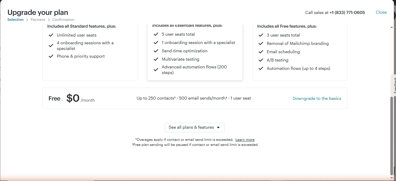 Mailchimp Change Plan modal: Free plan confirmed at 250 contacts, 500 email sends/month, 1 user seat — verified from real Mr Review AI account dashboard, June 2026