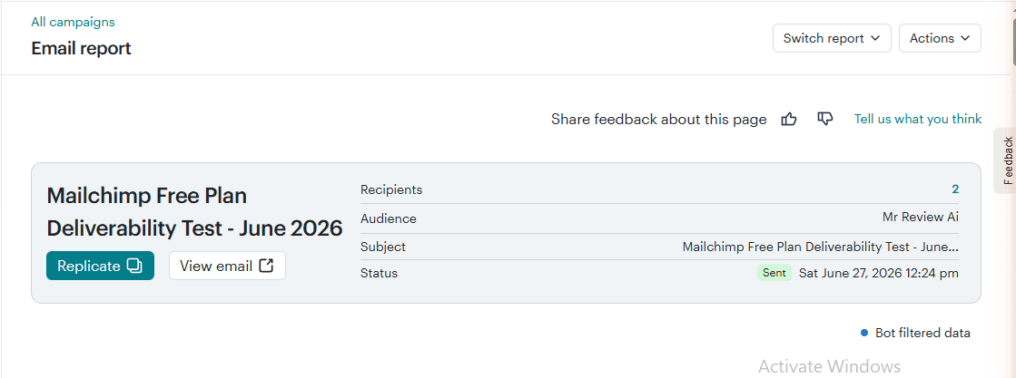 Mailchimp Email report — Campaign 'Mailchimp Free Plan Deliverability Test - June 2026'. Recipients: 2. Audience: Mr Review Ai. Status: Sent, Sat June 27, 2026 12:24 pm. Tested by Mr Review AI real account.