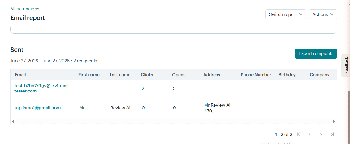 Mailchimp Email report — Recipient activity showing test-b7hn7r9gv@srv1.mail-tester.com received the campaign (2 clicks, 3 opens) and toplistno1@gmail.com (Mr. Review Ai). Sent June 27, 2026 to 2 recipients. Proof Mailchimp free plan delivered the test email.