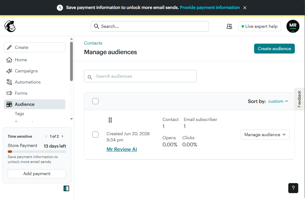 Mailchimp Manage Audiences page tháng 6/2026 — tài khoản "Mr Review Ai" được tạo ngày Jun 20, 2026 lúc 9:34 pm, có 1 Contact, 1 Email subscriber, Opens 0.00%, Clicks 0.00% — bằng chứng thực tế về cấu trúc 1 audience duy nhất trên gói Standard trial của MR Review AI