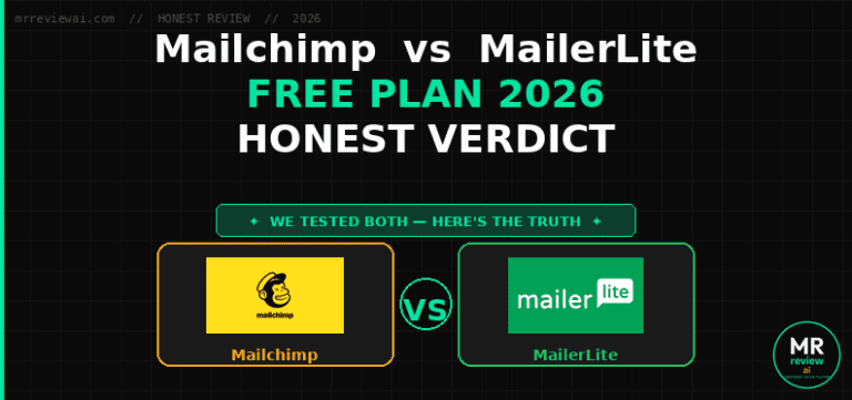 Mailchimp vs MailerLite Free Plan 2026 — Honest Review by Mr Review AI. We tested both platforms hands-on. Hero image showing Mailchimp logo vs MailerLite logo with verdict: honest comparison, June 2026.