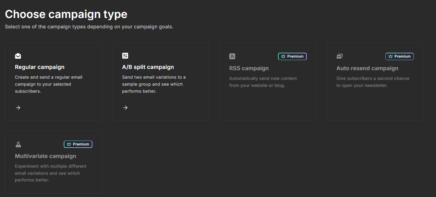 MailerLite Choose campaign type — A/B split campaign available with no Premium badge on free plan. RSS, Auto resend, and Multivariate campaigns require Premium. Real Mr Review AI account, dashboard.mailerlite.com, June 2026.