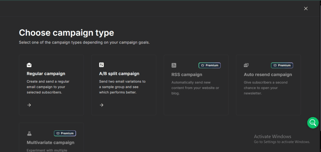MailerLite campaign type selection – A/B split campaign available free (no Premium badge), while RSS campaign and Auto resend require paid upgrade (June 2026)