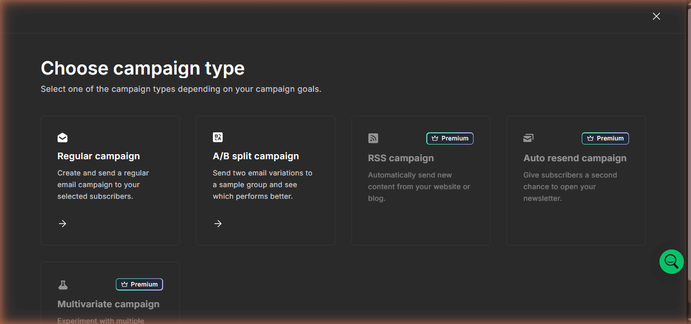 MailerLite Create Campaign modal — "A/B split campaign" has NO Premium badge (free), while RSS campaign and Auto resend campaign show "Premium" badge. Free plan account: Mr Review AI, tested June 2026.