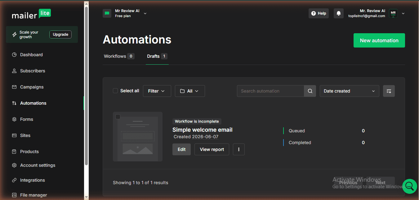 MailerLite automations page on free plan — 3 active automation limit, June 2026