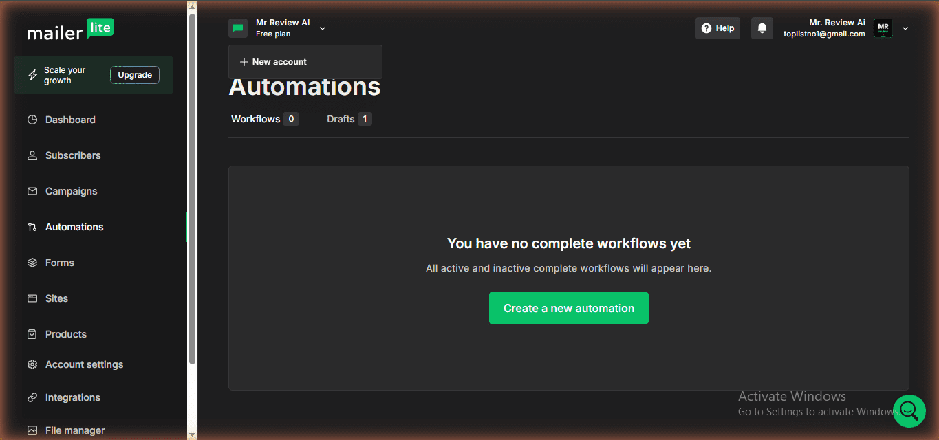 MailerLite Automations dashboard showing Free plan badge — Workflows 0, Drafts 1. Account: Mr Review AI (toplistno1@gmail.com). Verified June 25, 2026. Real account dashboard, mrreviewai.com.