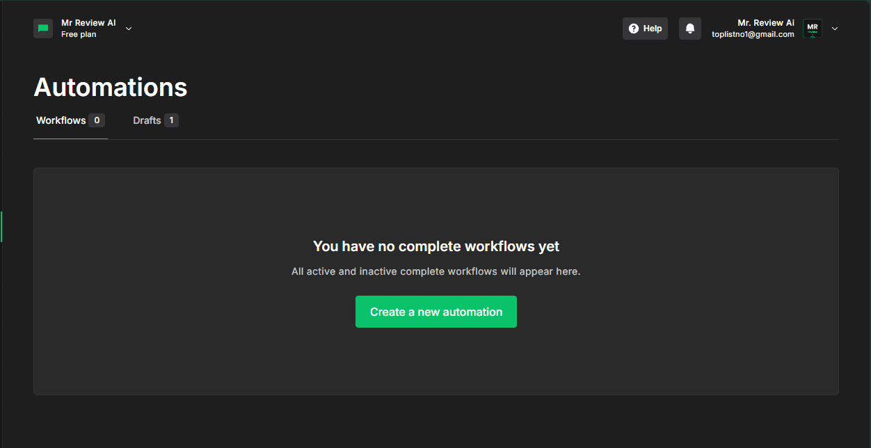 MailerLite Automations page — Workflows: 0, Drafts: 1. Free plan allows up to 3 active automations. Real Mr Review AI account, dashboard.mailerlite.com, June 2026.