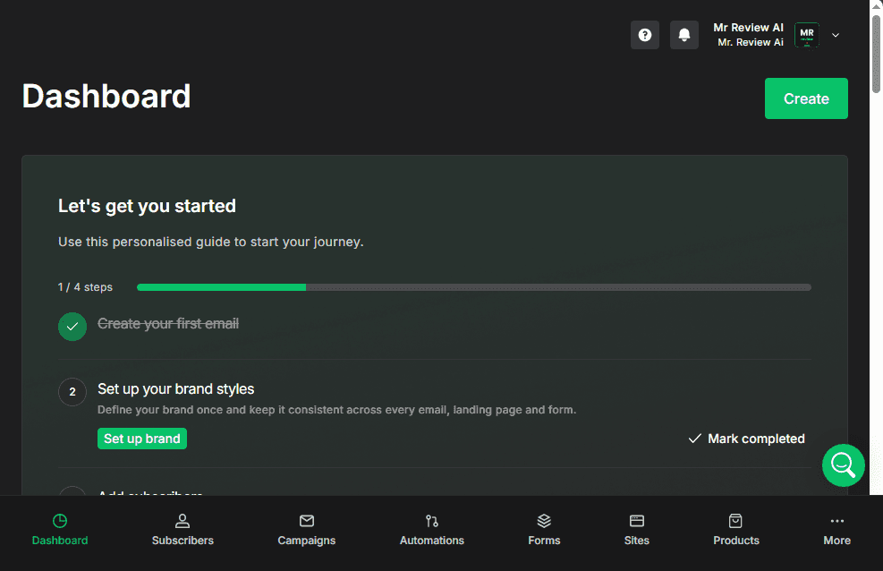 MailerLite dark dashboard showing onboarding checklist with Dashboard, Subscribers, Campaigns, Automations, Forms navigation β modern dark theme interface