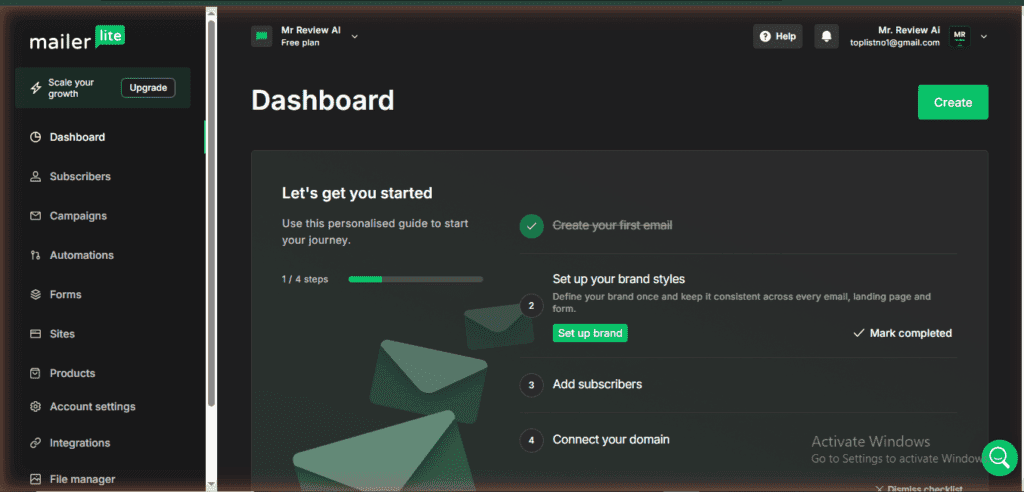 MailerLite dashboard – Mr Review AI account on Free plan showing all features: Campaigns, Automations, Forms, Sites, Products (June 2026)