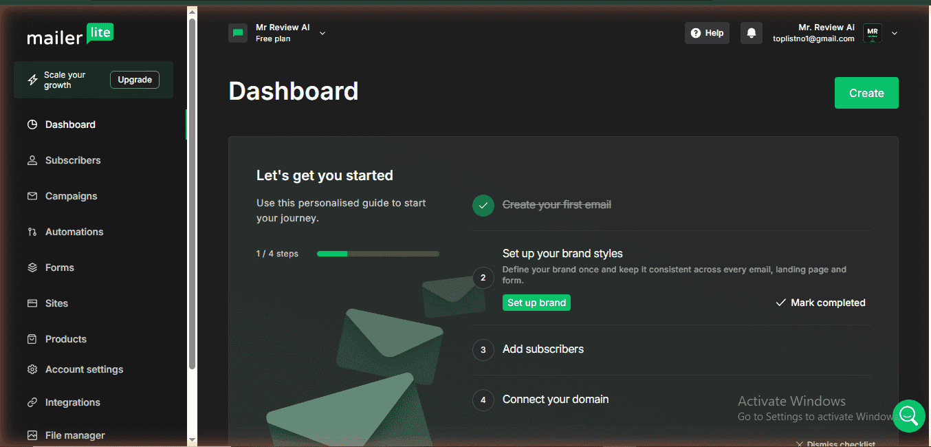 MailerLite dashboard free plan — Mr Review AI account June 2026, clean interface, subscriber management