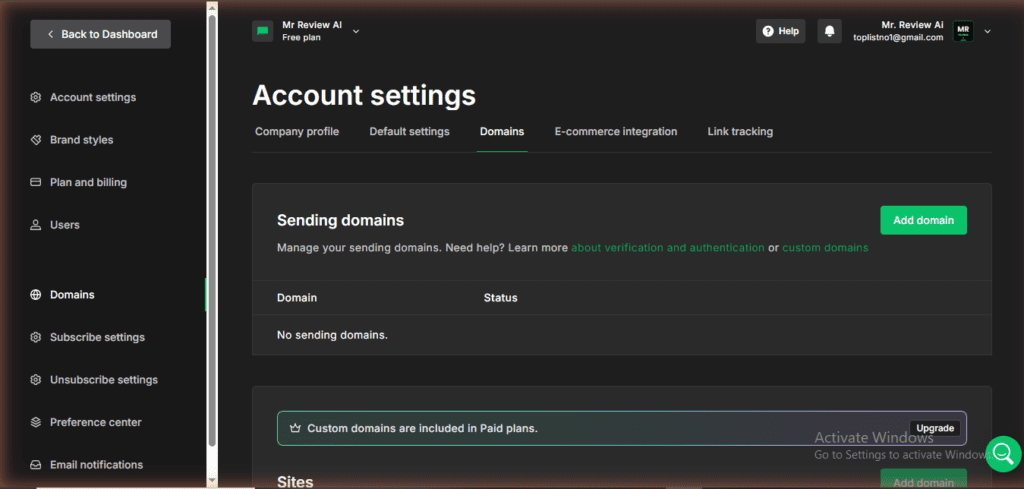 MailerLite free plan domains page – showing no custom sending domains and banner confirming custom domains require a Paid plan upgrade (Mr Review AI account, June 2026)
