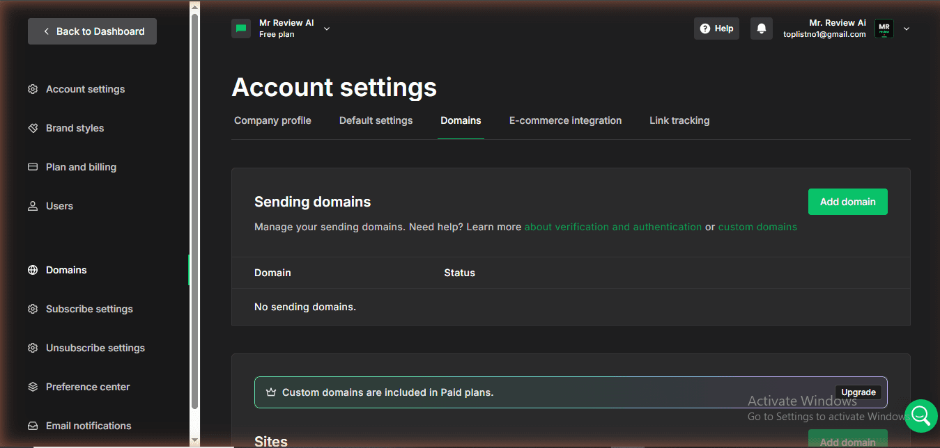 MailerLite domains page — no custom sender domain on free plan, upgrade required, June 2026