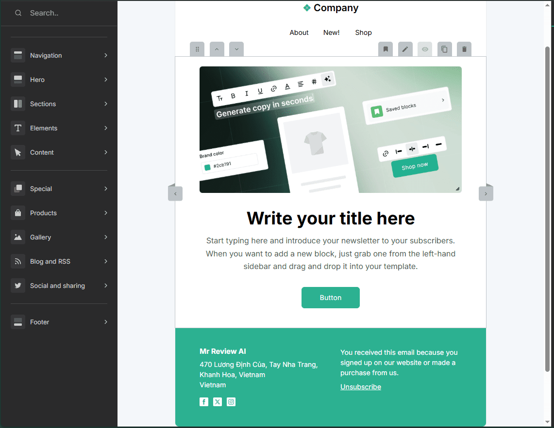 MailerLite drag-and-drop email editor — full sidebar with Navigation, Hero, Sections, Elements, Content, Special blocks. Email canvas shows Mr Review AI account footer. Real account, dashboard.mailerlite.com, June 2026.