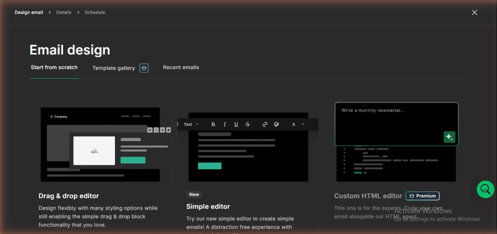 MailerLite email design options on free plan – Drag & drop editor and Simple editor available free, Custom HTML editor requires Premium upgrade (June 2026)