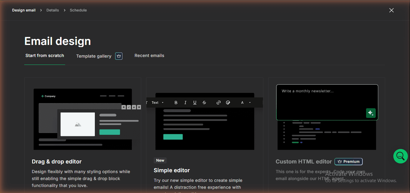 MailerLite drag-and-drop email editor on free plan — full editor access with templates, June 2026