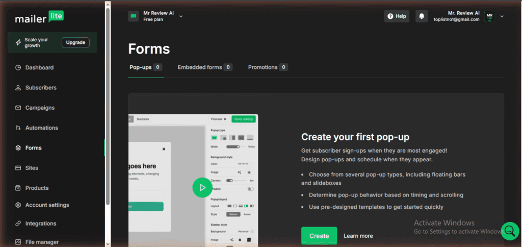 MailerLite free plan forms page – showing Pop-ups, Embedded forms, and Promotions tabs, free plan allows up to 3 forms total (Mr Review AI account, June 2026)