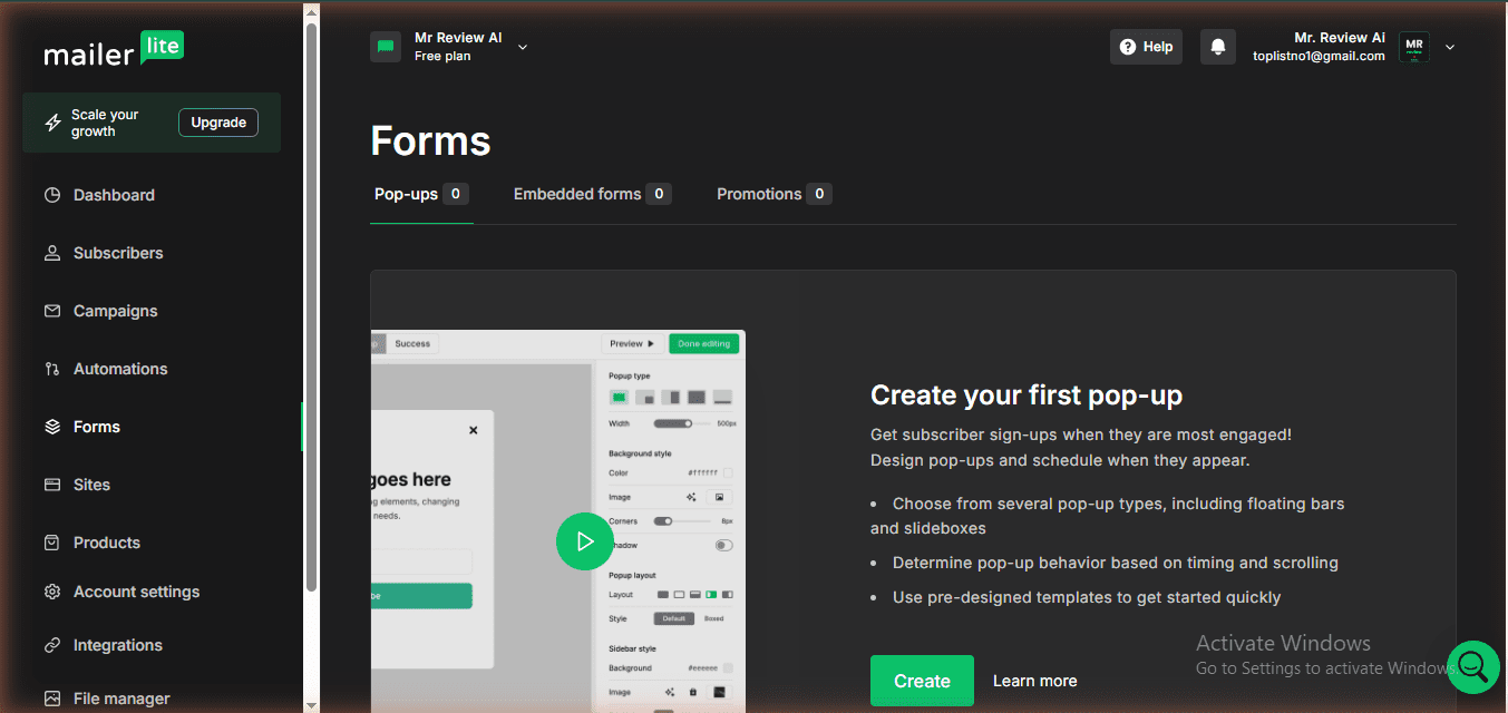 MailerLite forms page on free plan — popup and embedded forms both available, June 2026