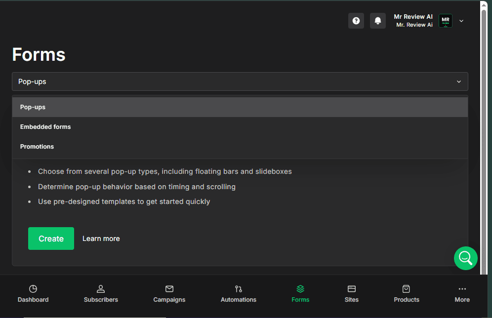MailerLite Forms page showing dropdown with Pop-ups, Embedded forms, and Promotions β all three form types available on the free plan