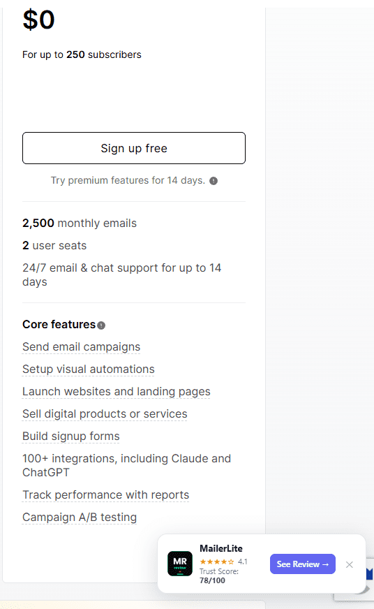 MailerLite Free plan closeup showing $0 for up to 250 subscribers — reduced free tier confirmed June 2026
