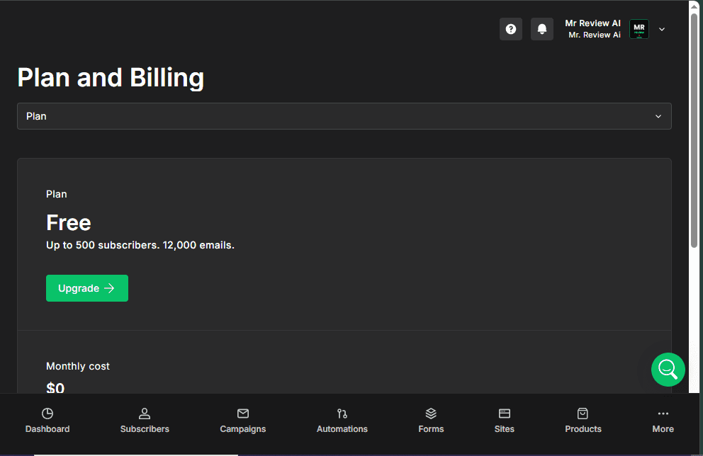 MailerLite Plan and Billing page showing Free plan with up to 500 subscribers and 12,000 emails per month β limits valid before July 1 2026 update