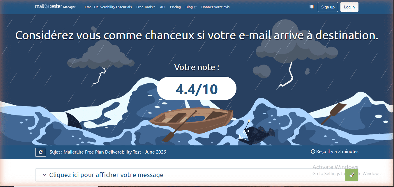 MailerLite free plan deliverability test result — mail-tester.com score 4.4/10. Sender: Mr Review AI (toplistno1@gmail.com via send.mailerlite.eu). Subject: MailerLite Free Plan Deliverability Test - June 2026. Tested June 27, 2026.