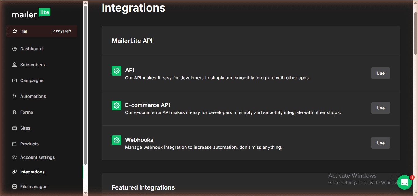 MailerLite Integrations page showing API, E-commerce API, and Webhooks all available with "Use" button — no paywall, free on all plans including trial — real account Mr Review AI, June 2026