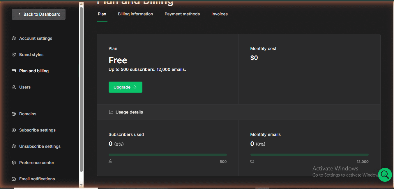 MailerLite free plan billing dashboard June 2026 — 0 subscribers on free tier with plan details
