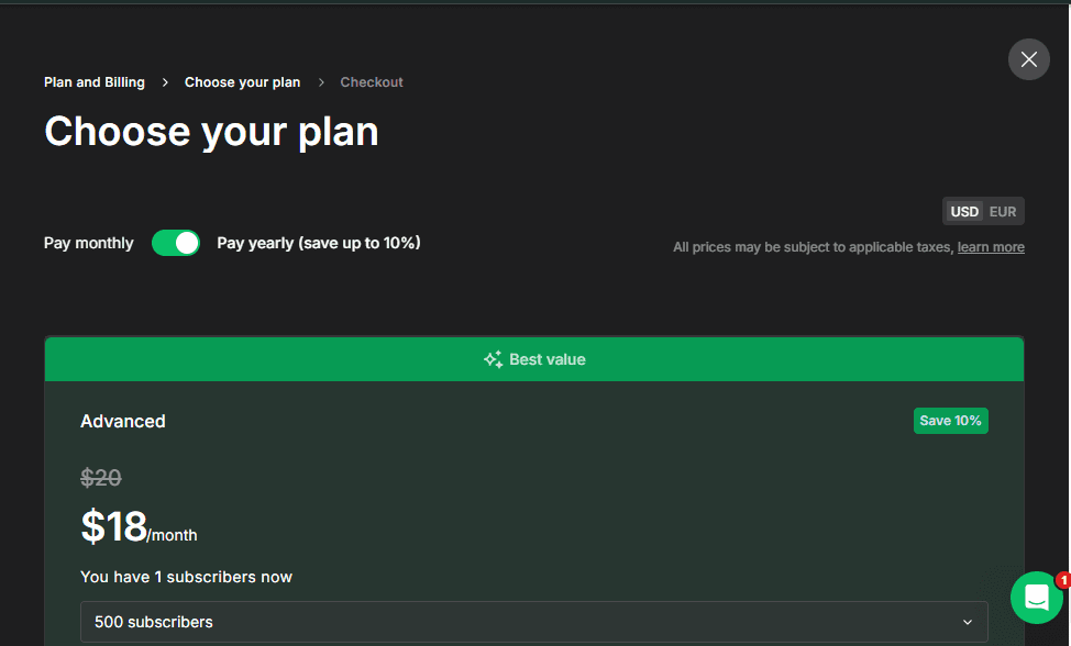 MailerLite pricing page inside real dashboard — Choose your plan, Pay yearly toggle, Advanced $18/month (was $20), Growing Business $9/month. Account shows 1 subscriber. Real trial account, June 2026.