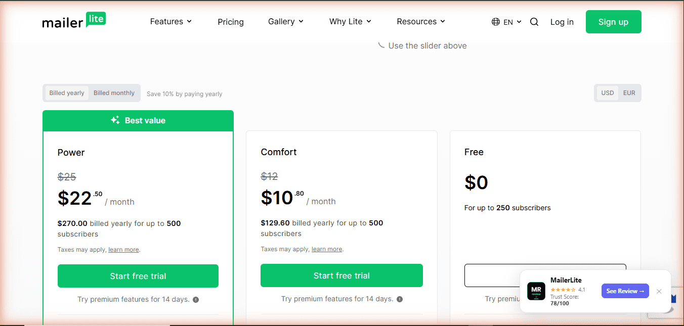 MailerLite official Pricing page (mailerlite.com/pricing) — Free plan: $0, for up to 250 subscribers, 2,500 monthly emails. Power $22.50/mo, Comfort $10.80/mo. Captured June 2026.