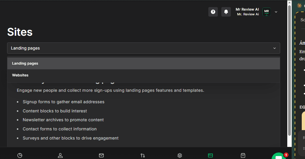 MailerLite Sites dashboard showing Landing pages and Websites options — real account Mr Review AI June 2026