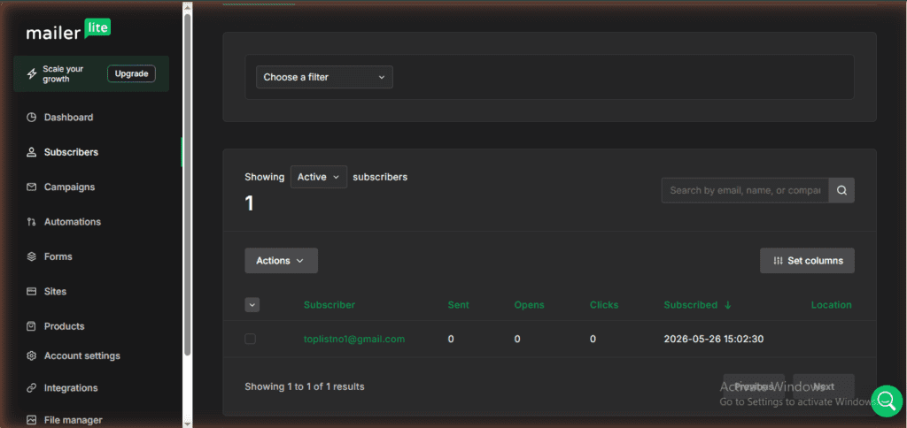 MailerLite subscribers page – Mr Review AI free plan account showing 1 active subscriber, confirming real account used for this review (June 2026)