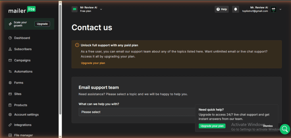 MailerLite free plan support page – showing limited support access with banner “Unlock full support with any paid plan”, free users restricted from 24/7 live chat (June 2026)