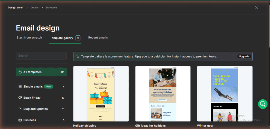 MailerLite template gallery – locked behind Premium plan, free users see upgrade prompt (113 templates available but require paid plan, June 2026)