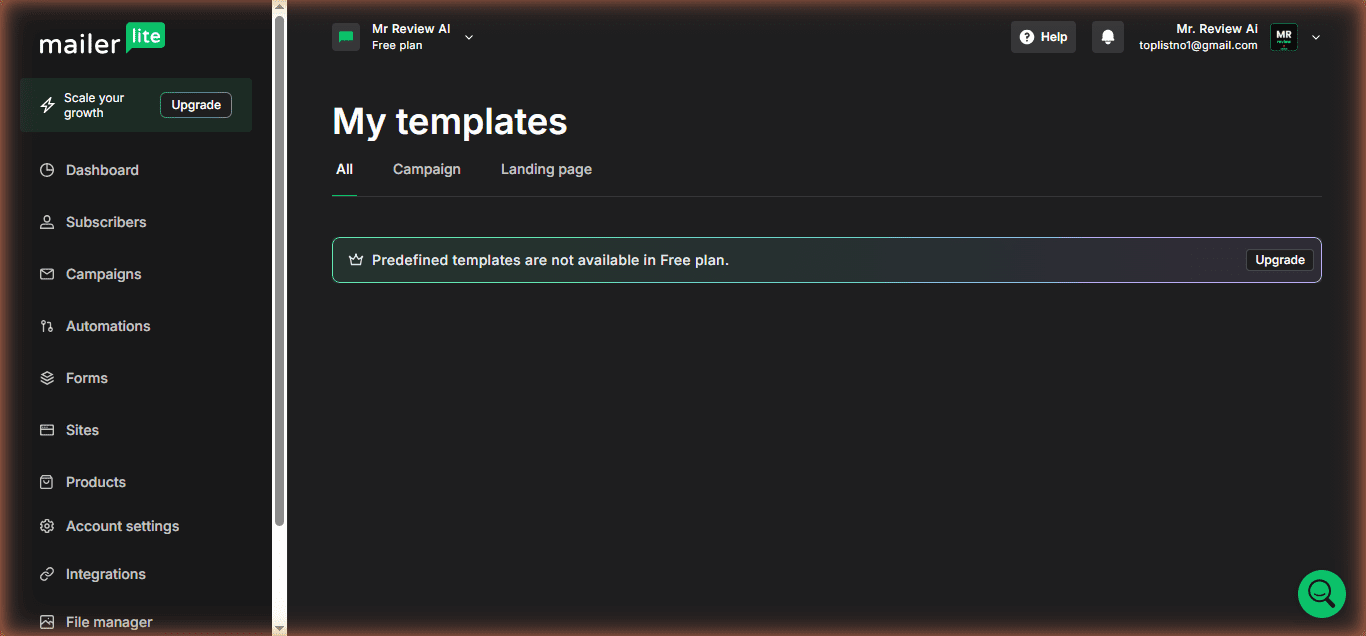 MailerLite My Templates page (dashboard.mailerlite.com/templates) — banner reads "Predefined templates are not available in Free plan." Account: Mr Review AI, Free plan, tested June 2026.