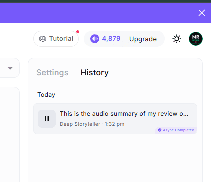MiniMax account showing 4,879 credits remaining after generating 5:53 audio summary — started with 10,000 free credits