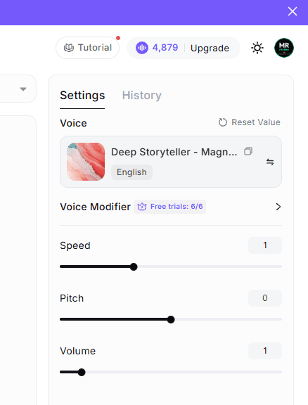 MiniMax TTS settings panel showing Deep Storyteller voice selected — English, Magnetic Smooth Sophisticated, used to generate this article's audio summary
