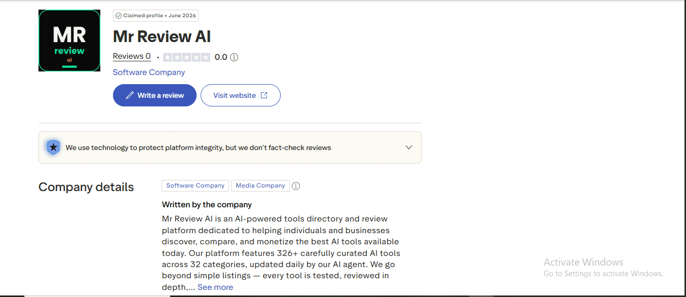 Mr Review AI Trustpilot public profile - claimed June 2026, 0 reviews, Software Company category