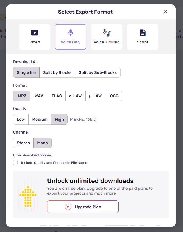 Murf AI free plan export dialog showing Unlock unlimited downloads wall — audio download blocked, upgrade to paid plan required
