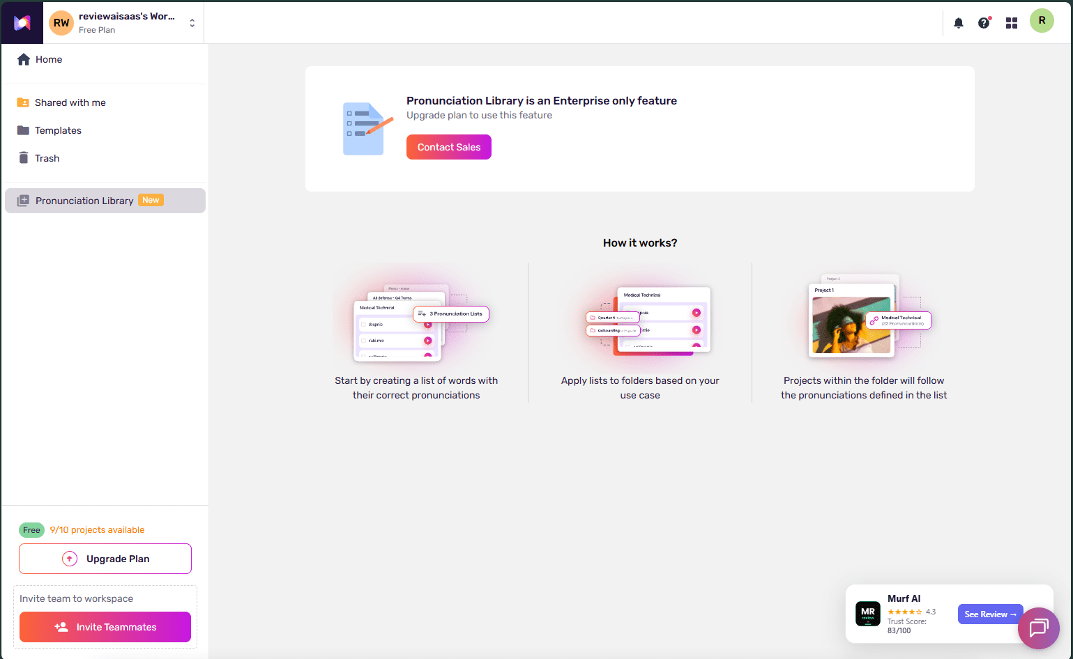 Murf AI Pronunciation Library showing Enterprise only restriction with Contact Sales button on free plan
